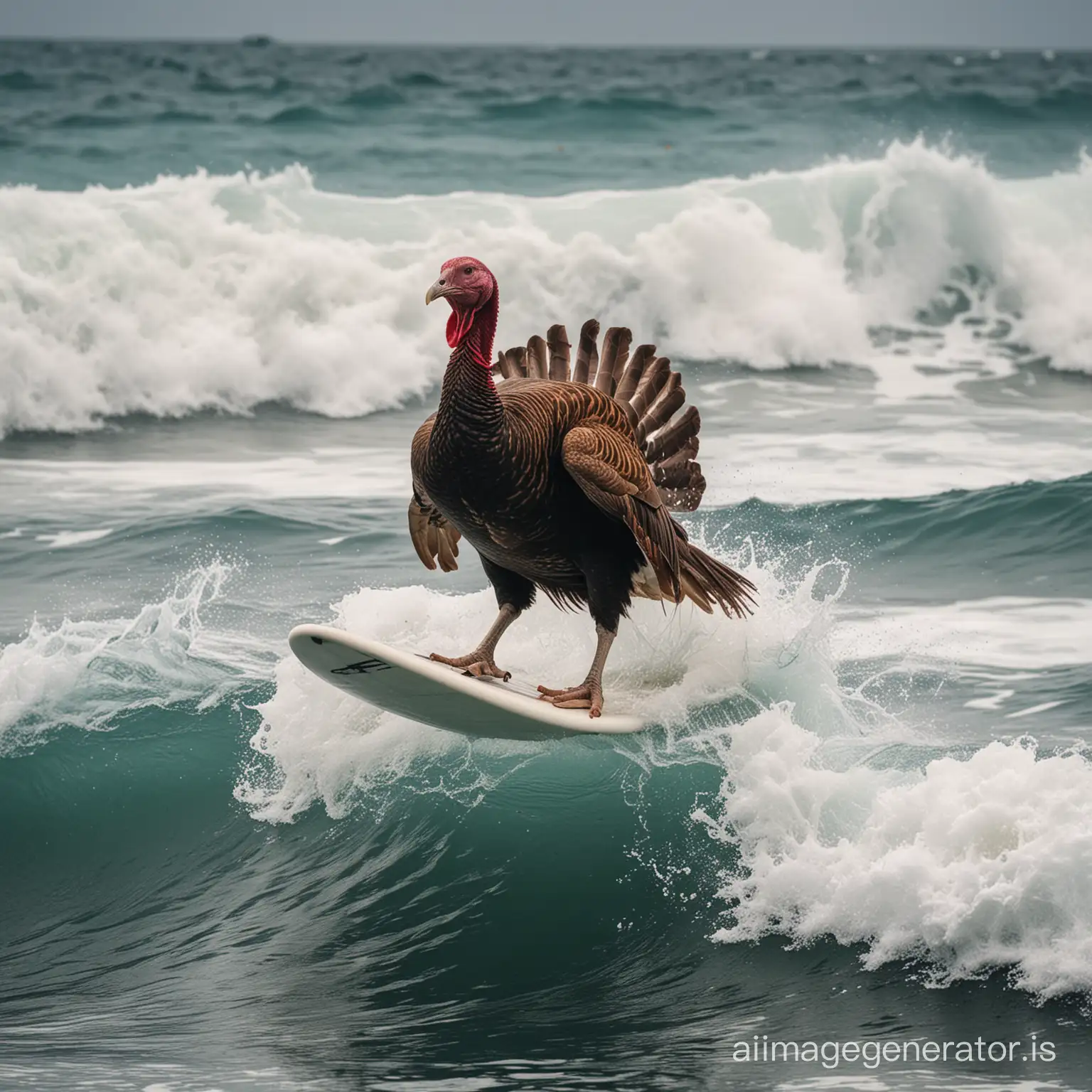 Turkey Surfing Avian Adventure in Ocean Waves | AI Image Generator