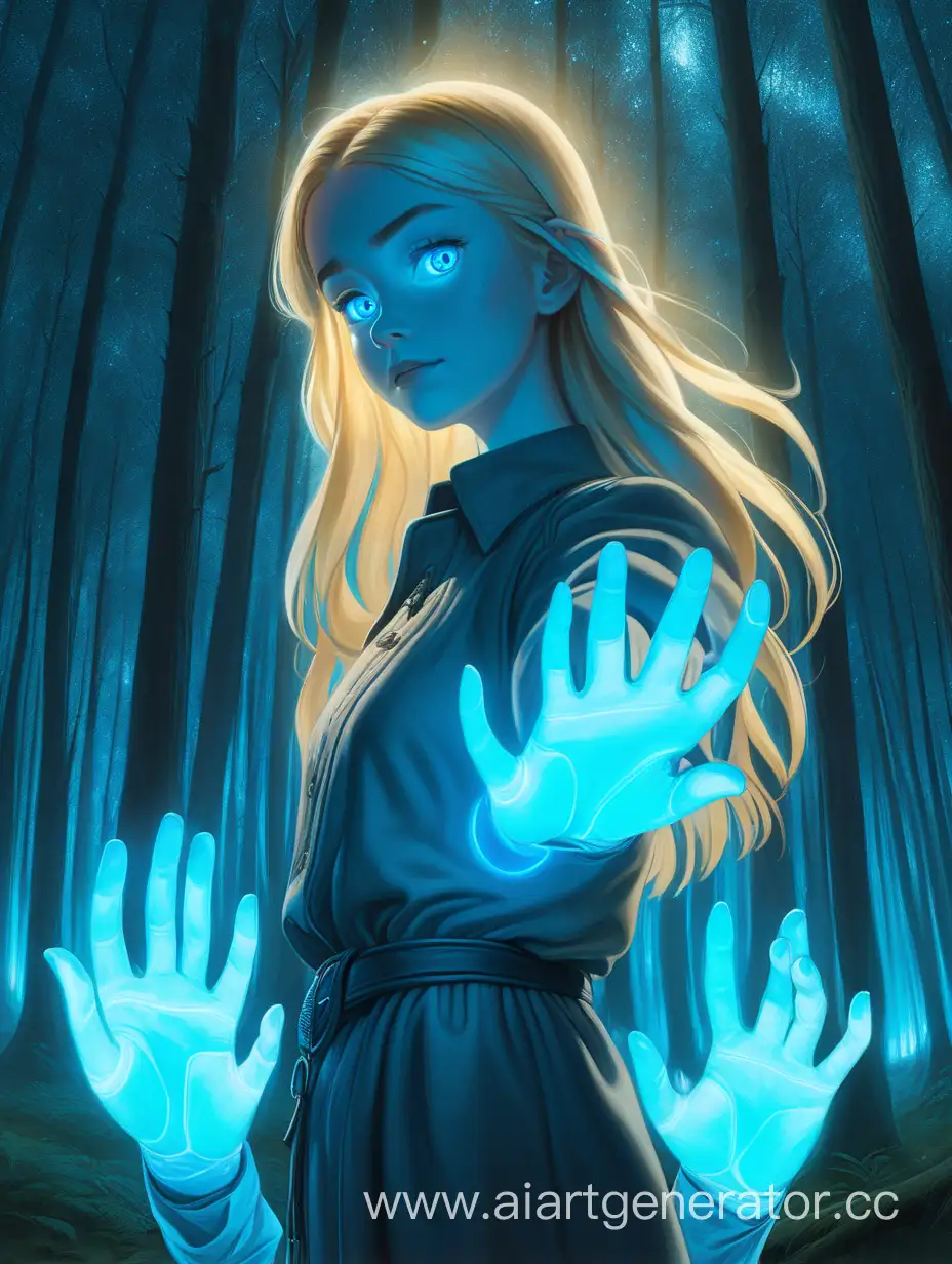 A woman with blond hair stands sideways. Hands in different directions, blue light emanates from them. the woman has blue glowing eyes. There is a forest around. night