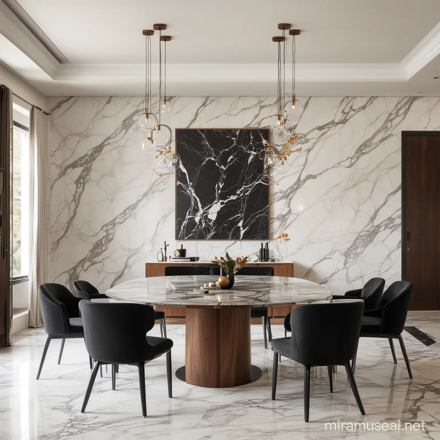 Modern Black Marble and Walnut Dining Room with Soft Accents