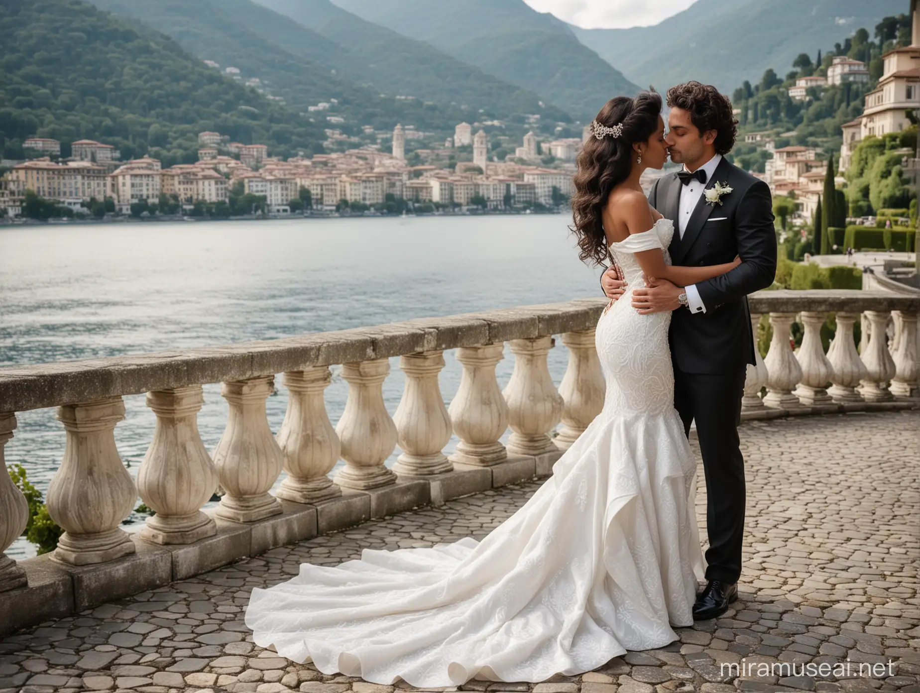 Wedding photo black girl with long wavy hair  in a white Vintage Mermaid Wedding Dress With Train Satin Off The Shoulder with diamonds and 2 carat diamond ring, marrying a handsome Italian man dark haired man 50 years old. in Villa d' Este Lake Como with lake view.