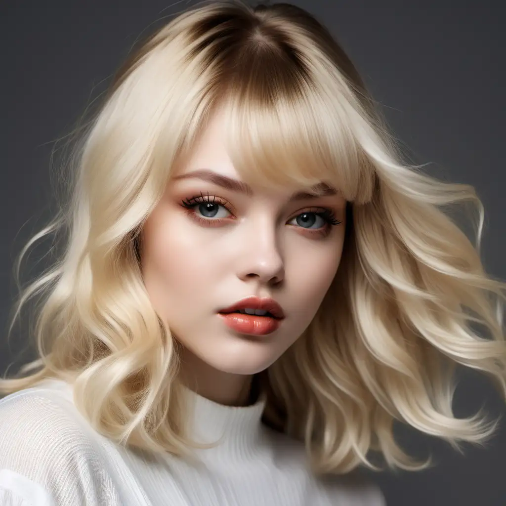 give me a beautiful looking blonde girl, slightly plump lips, make her hair long, make her hair very polished, make the hair the feature of the photo, make her wear white, make her hair have a wave through it, give her a soft face framing fringe, make her be facing the right