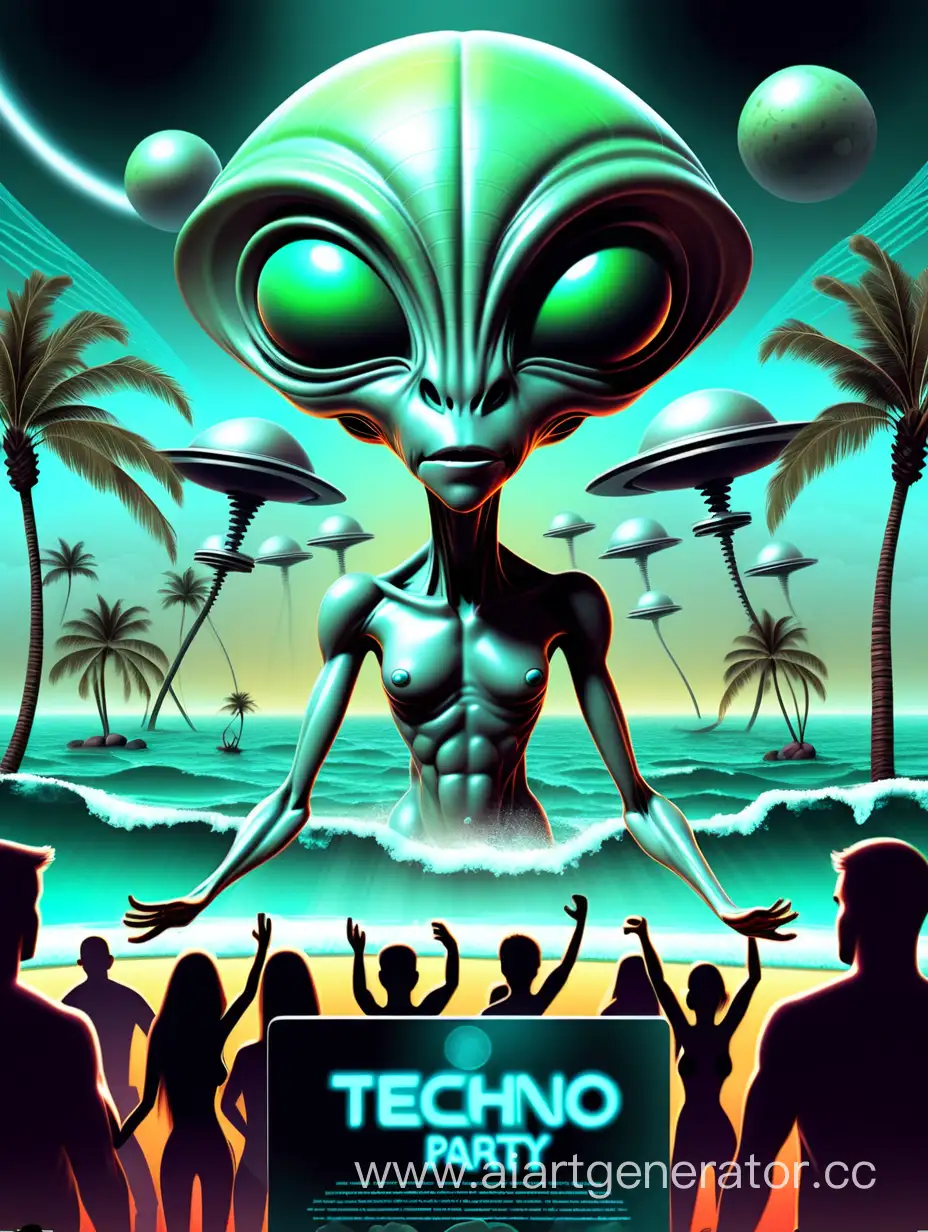 background for flyer, techno party, ocean view, goa, digital art, aliens dance 