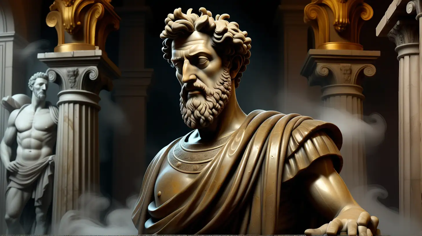 Mysterious HalfBody Statue of Marcus Aurelius in a Dark Palace