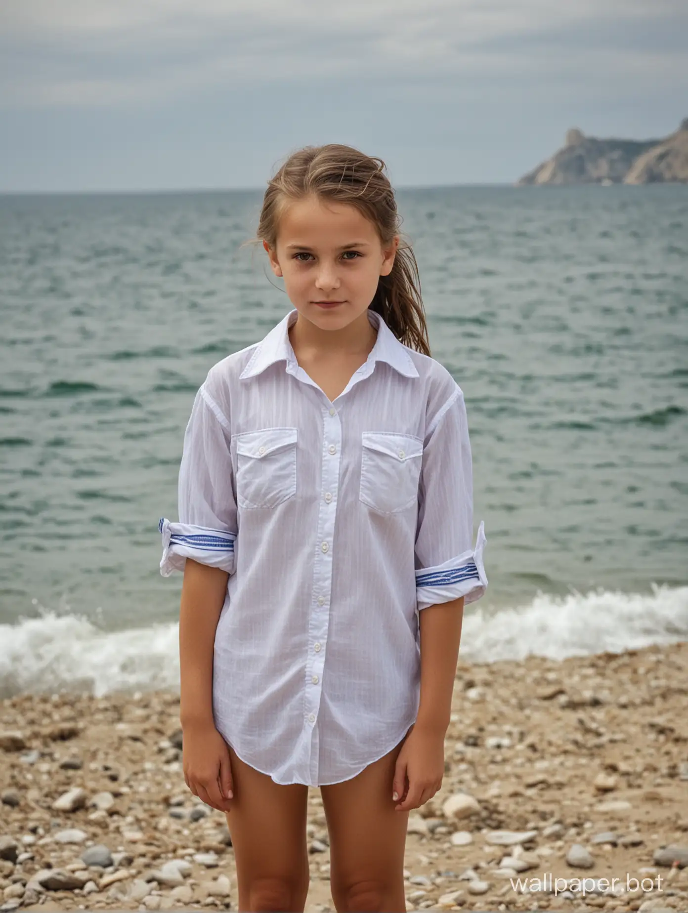 Crimea, seaside, 10-year-old girl, in a shirt on bare skin, posing, people in the background