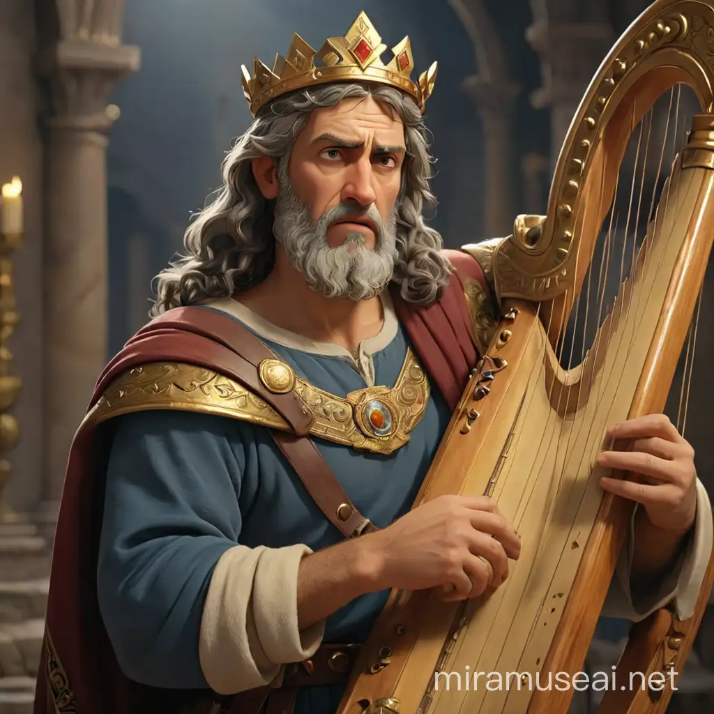 Jewish biblical king David, holding a harp, he is upset about something.  In the style of realism, 3D animation