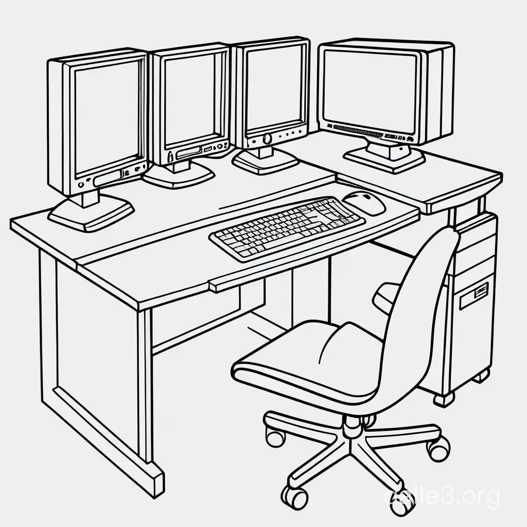 generate a black and white line art drawing of a desk top computer lab that has a lot of white space to color can you leave the lower center part of the image clear and make it very minimalistic