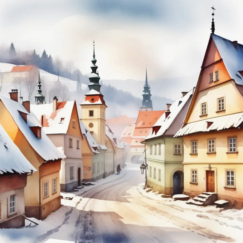 Vytvoř realistickou  _ situace ze zimní česká tradice, česká malebná vesnička_ve stylu akvarel 