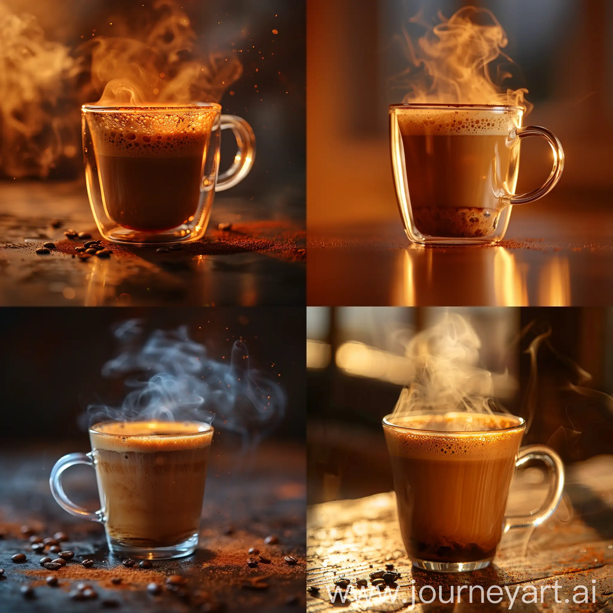 Epic hot coffee, cinematic lighting, transparent mug, smoke from coffee, --quality 3 --s 500