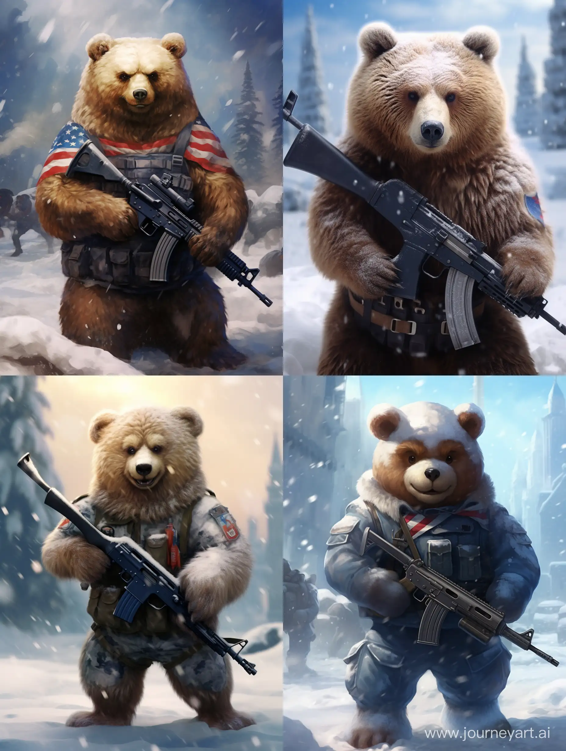 a happy bear with a gun standing in the snow, by Simon Ushakov, furry art,  With the flag of Russia on his shoulders 🇷🇺, militaristic!!!, gta in moscow, 9gag, the motherland calls, r / paintedminis, 240p, photobashing, 8 к, excited russians