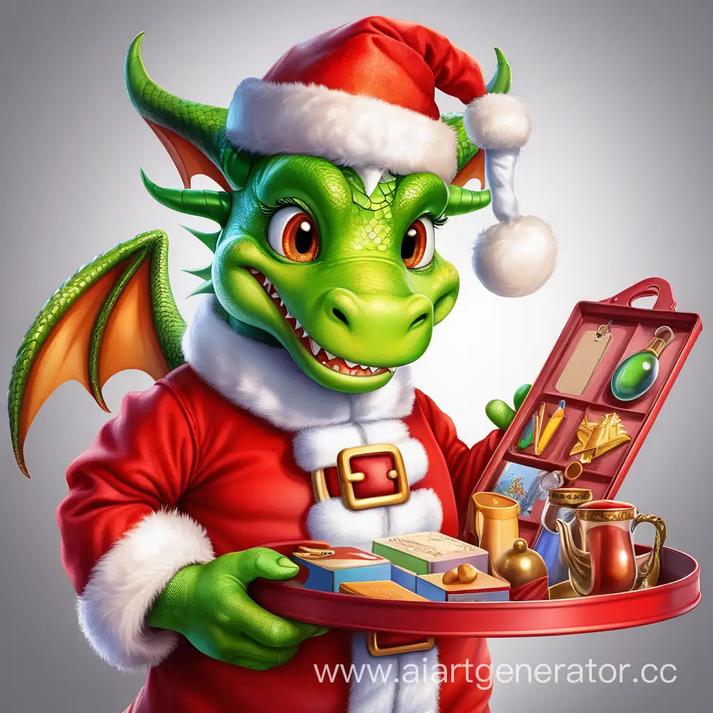 a kind children's dragon in Santa Claus clothes with a tray on which there are applicants for different professions