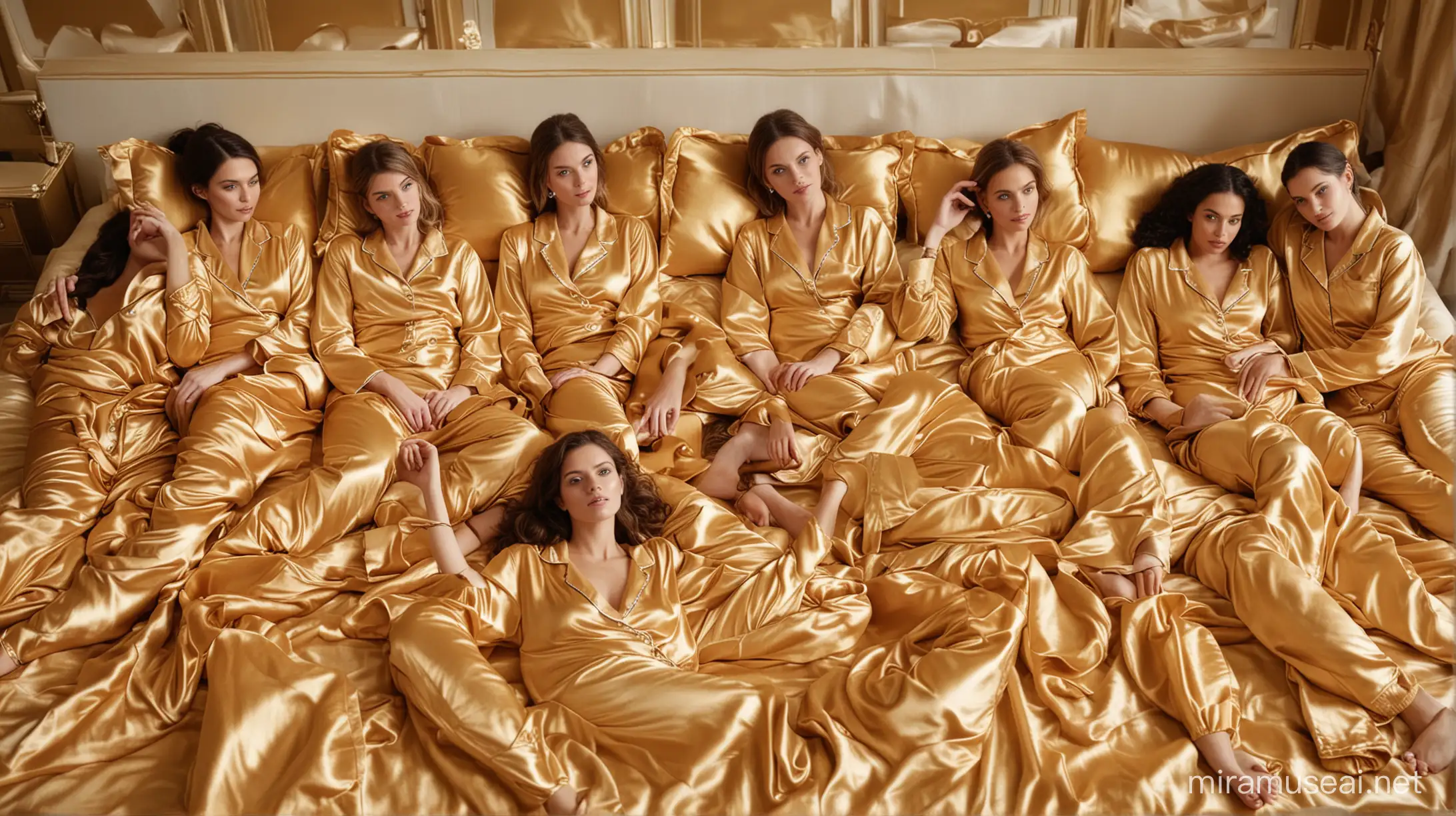 50 women in gold satin pajamas lying on satin beds