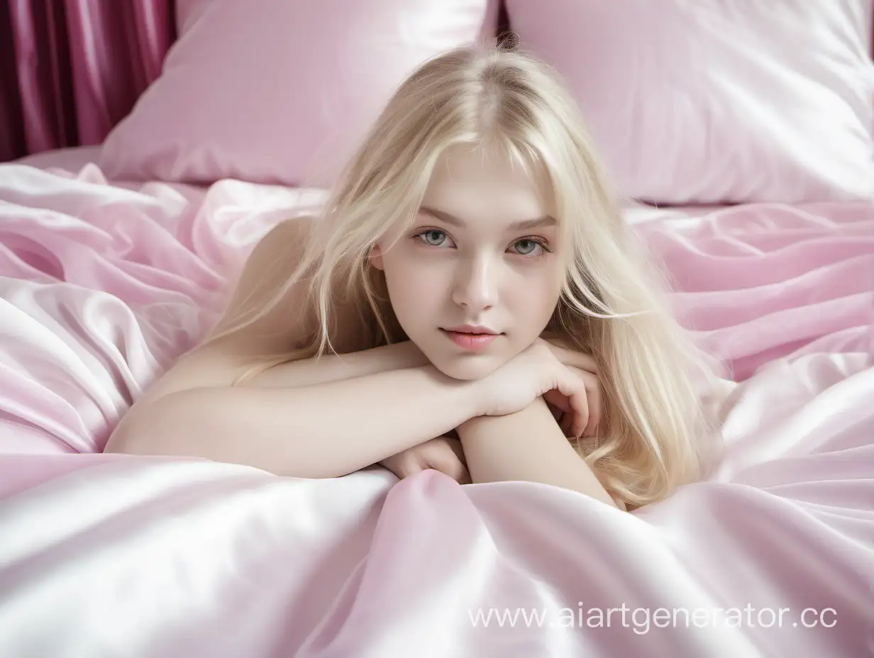 Нежная девушка блондинка лежит на розовой шелковой постели