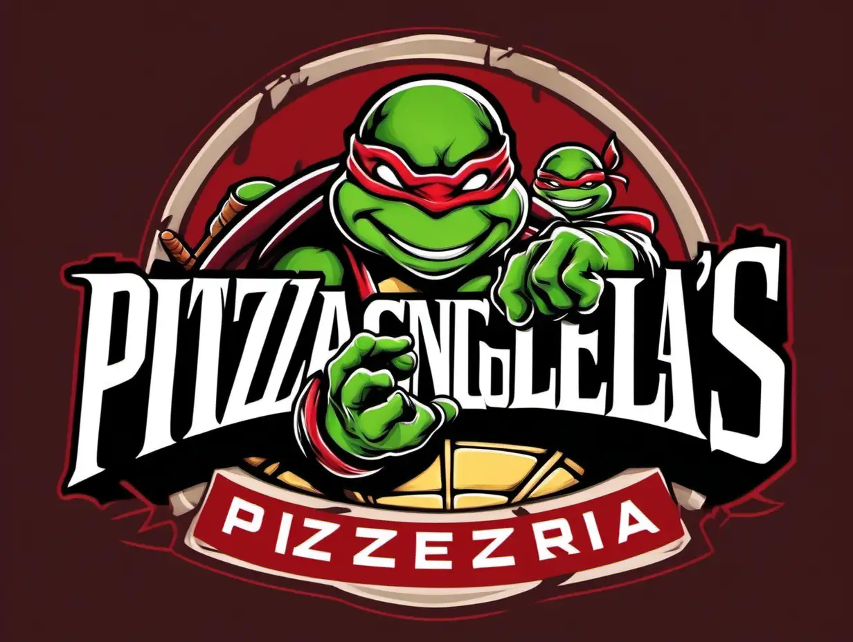 Create a logo for a pizzeria, it should be dark red, only a bold outline of an image, include the ninja Turtles, and should have the name "Michaelangelo's Pizzeria", digital art style