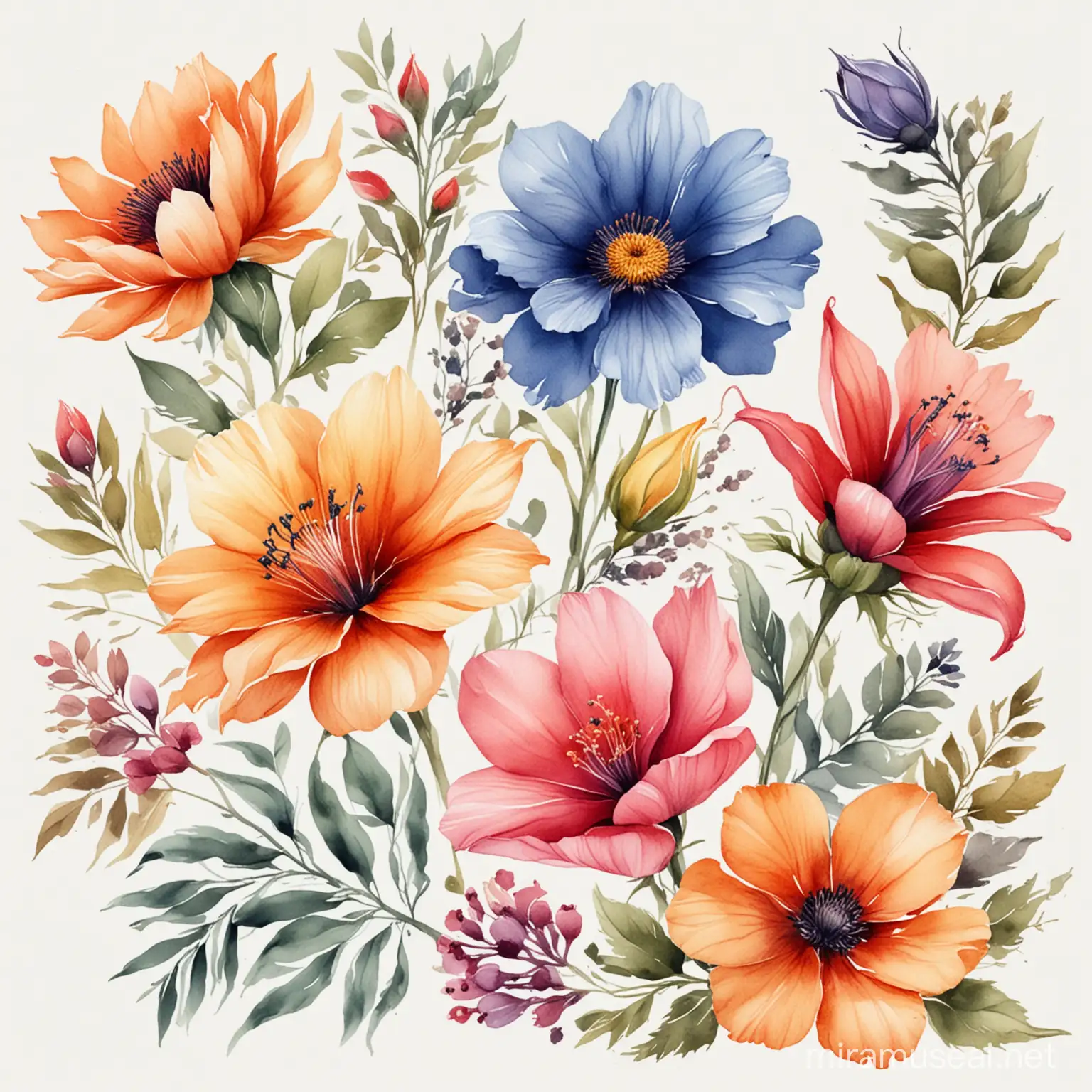Vibrant Watercolor Flowers Realistic Botanical Art on White Background