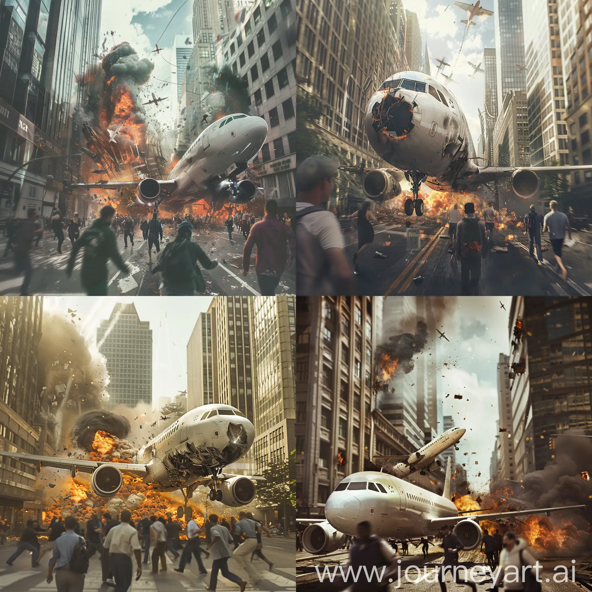 Urban-Chaos-Airplane-Crash-and-Explosions-Amidst-Fleeing-Crowds