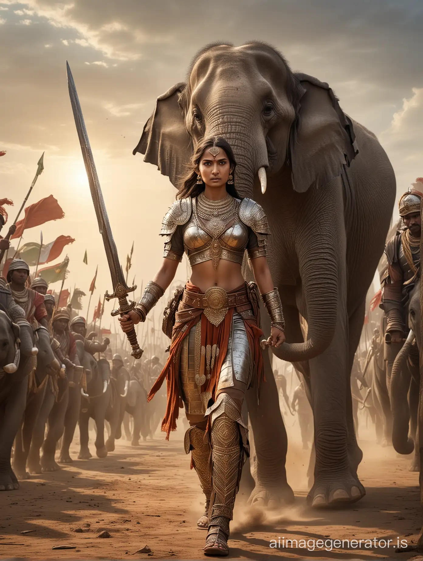 A brave Indian woman warrior, dressed in ancient armor and holding a shining sword, stands proudly on her magnificent elephant as they rush into battle. Behind her, a large group of foot soldiers marches forward, prepared to fight the enemy. The warrior's strong face shows her courage and dedication to protecting her homeland and people.