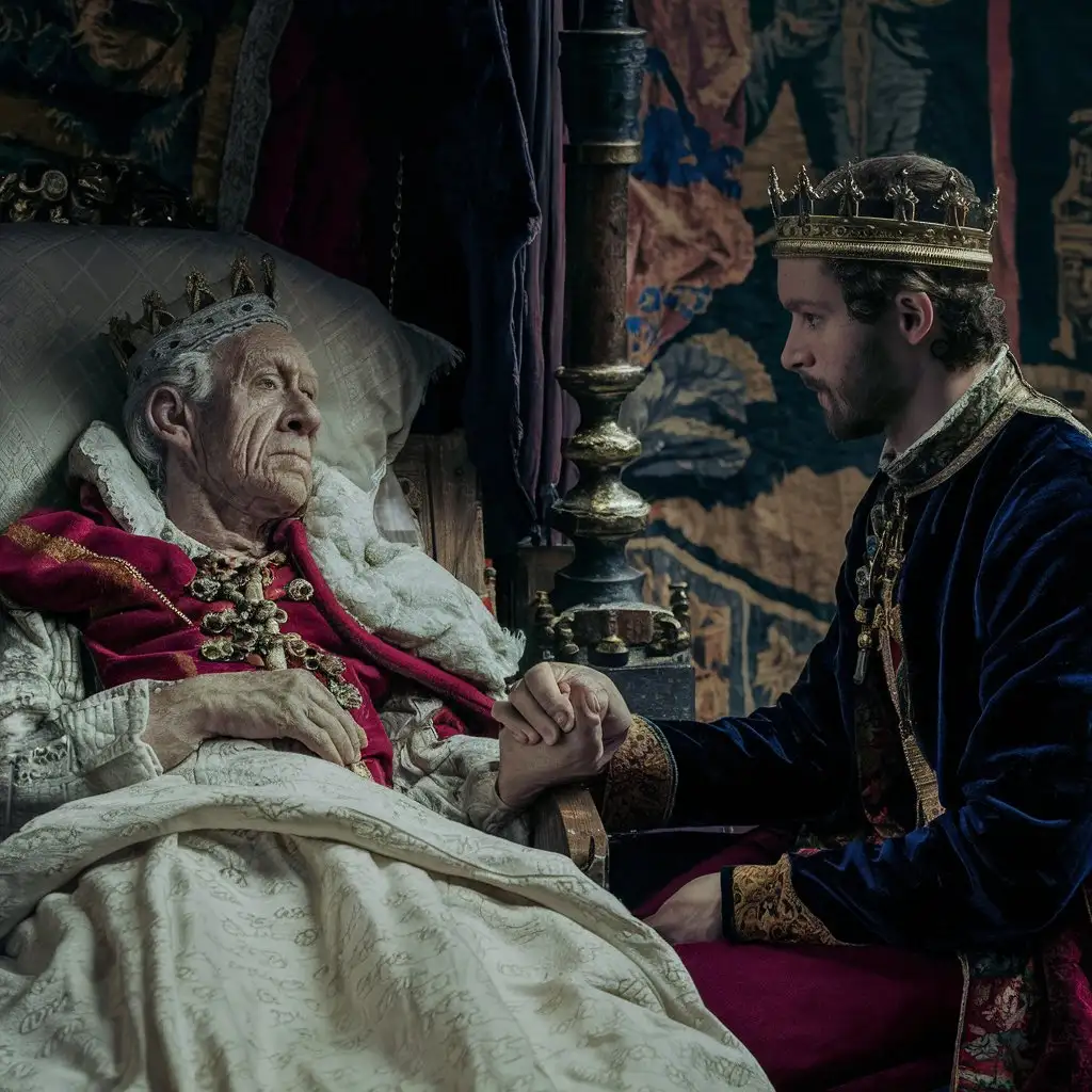 Seven thousand years BC, in an ancient castle room, an old king is dying in his bed, and his 24-year-old young son, the crown prince, is sitting next to him and sadly holding his father's hand.