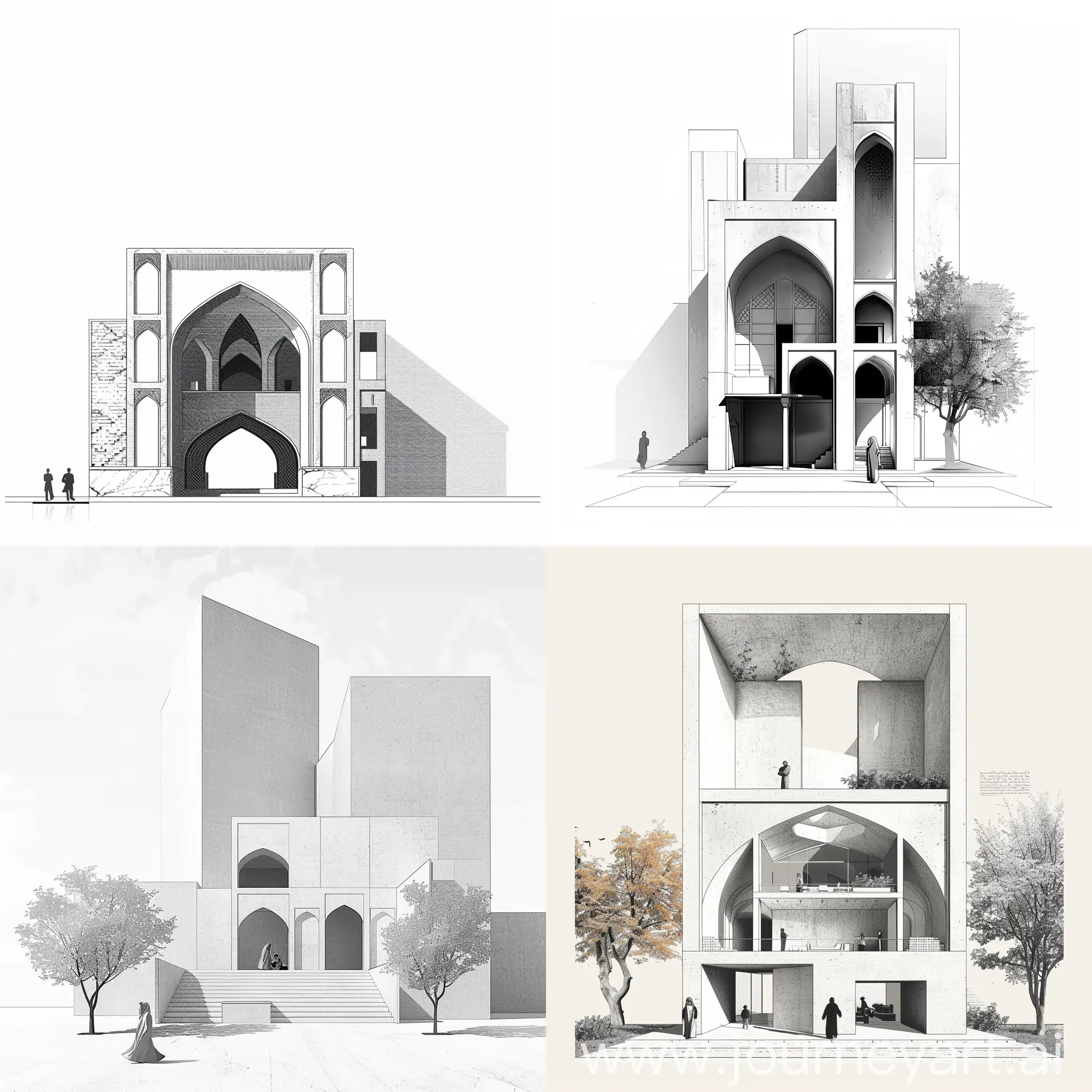 
‏Seeing modern architecture with a look at historical architecture ، Persian architecture ، 2d illustration ، From the human point of view، poster design ، monochrome ، graphic rendering ، 
‏white background
