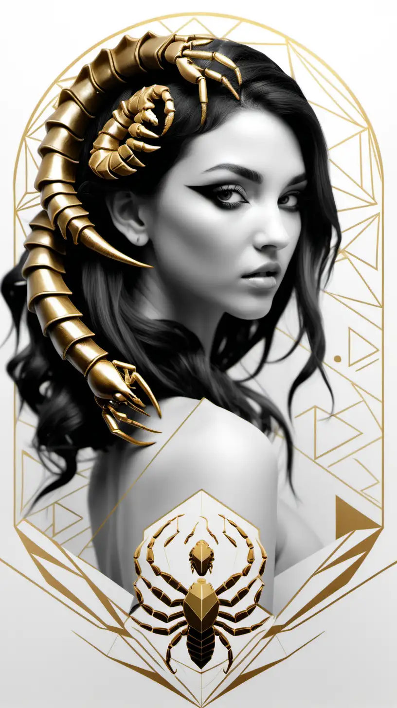   featuring a realistic  [scorpio zodiac] [a beautiful lady with scorpion in hair] [geometric shapes]
[black and white and gold]
white empty background