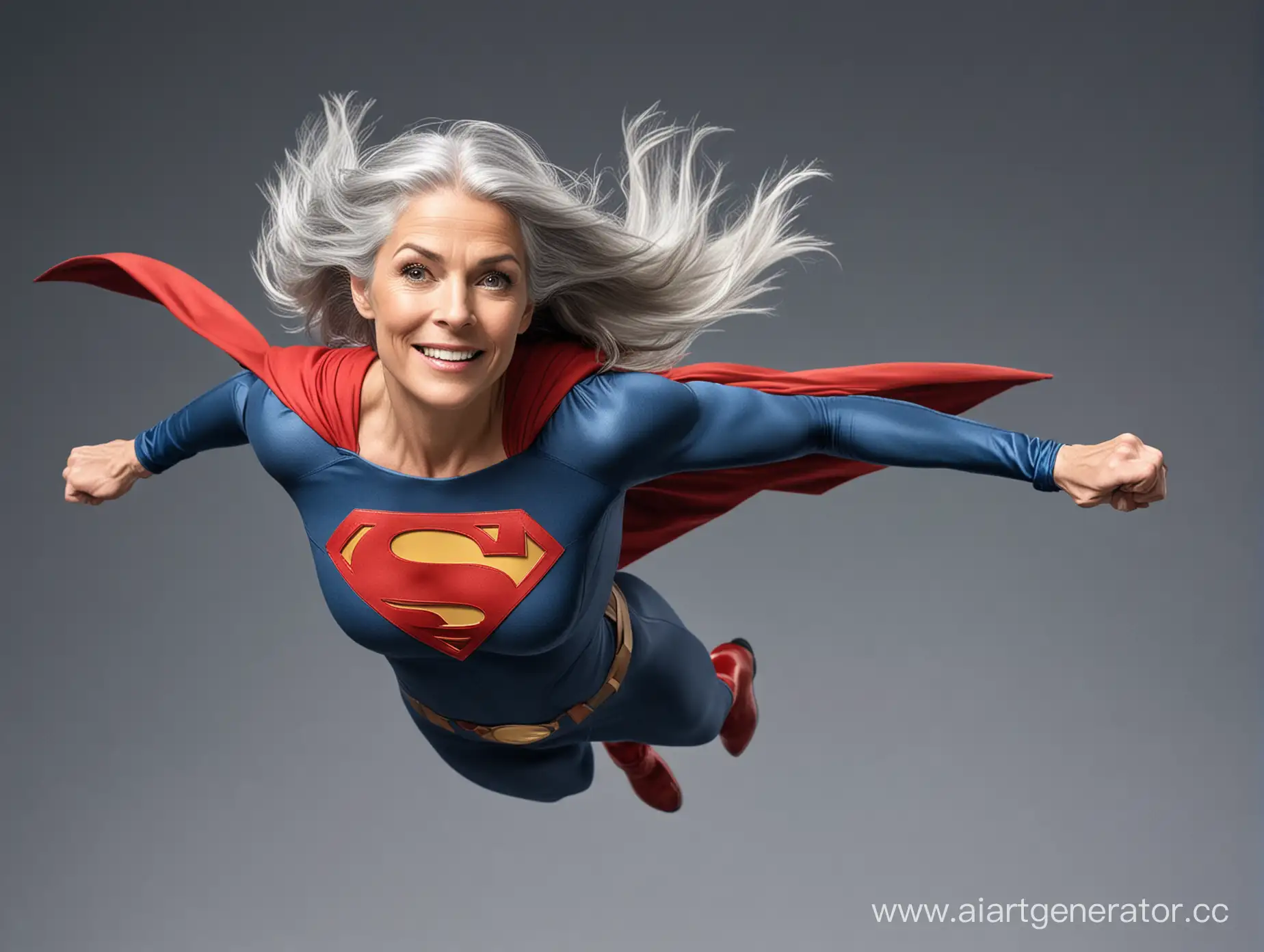 A pretty woman with gray hair, age 60, she is flying like Superman, her body is very muscular, she is wearing the classic Superman costume