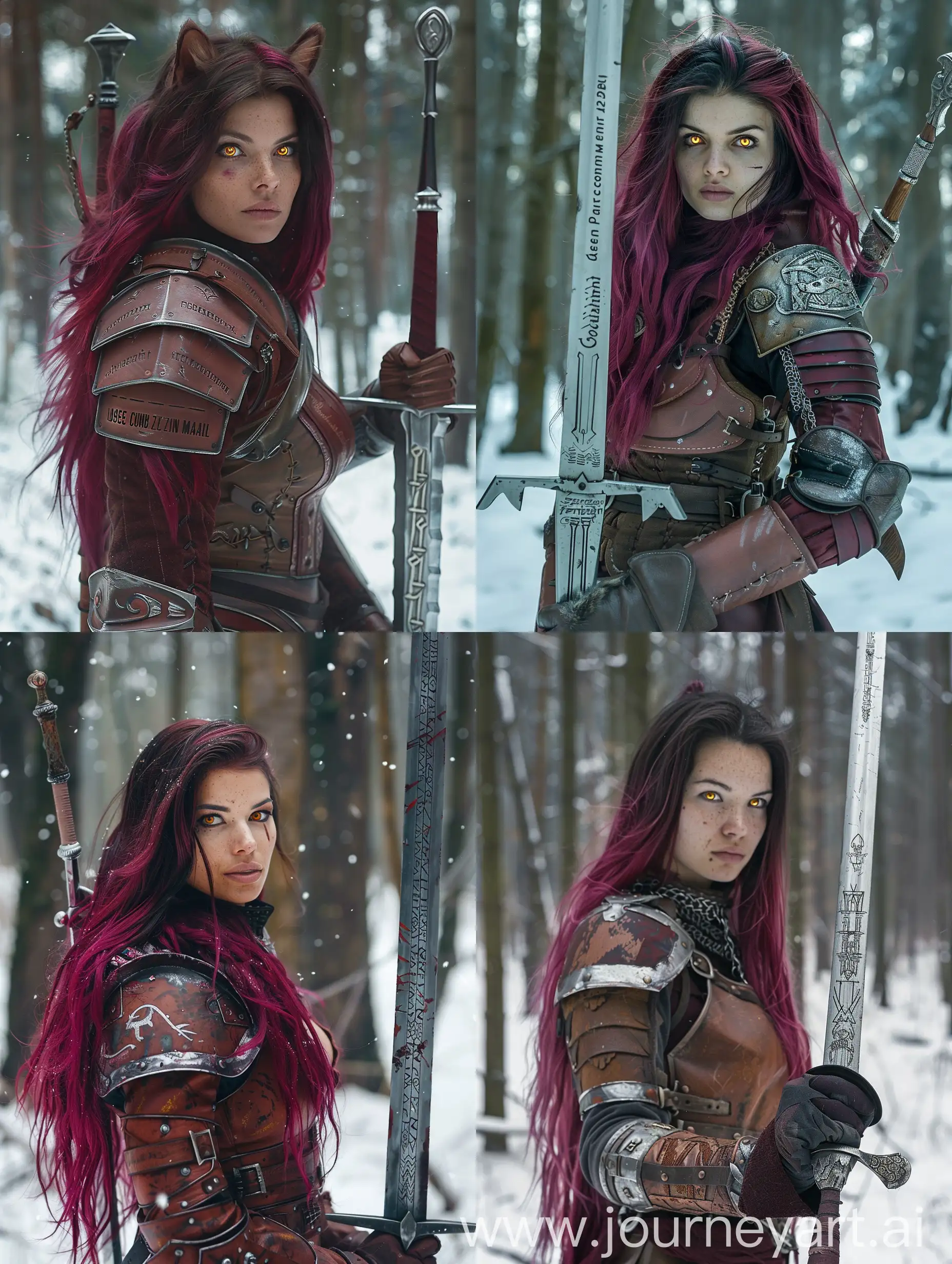 a photographic image of an intimidating woman witcher with dark pink long hair and honey bright cat eyes. She is tall, strong and with little scars. She is 29 years old ferocious soldier dressing in medieval armour red and brown colours holding a long silver sword with inscriptions. As photographed by Josselin Cornillon-Maillard in a winter forest background