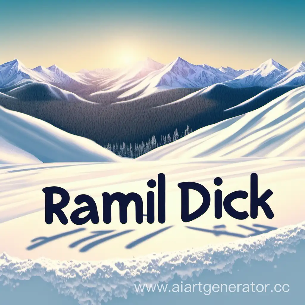 напиши «Рамиль хуй» по русски на снегу с видом на горы в солнечную погоду
