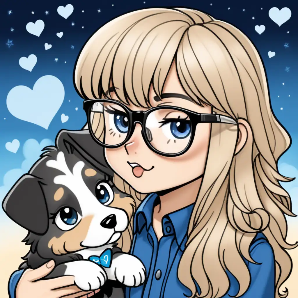 Highly detailed Chibi style image of Geeky Me and Bailey looking sleepy. Geeky Me has long wavy blonde hair with bangs, big blue eyes behind black glasses, wearing cozy blue night attire. She's saying goodbye to Maximus a happy Mini Australian Shepherd with short hair, black, tan, and white paws, black eyes, a black nose, tongue sticking out, and wearing a blue collar with a silver tag. The background features a blue sky with blue cloud hearts.