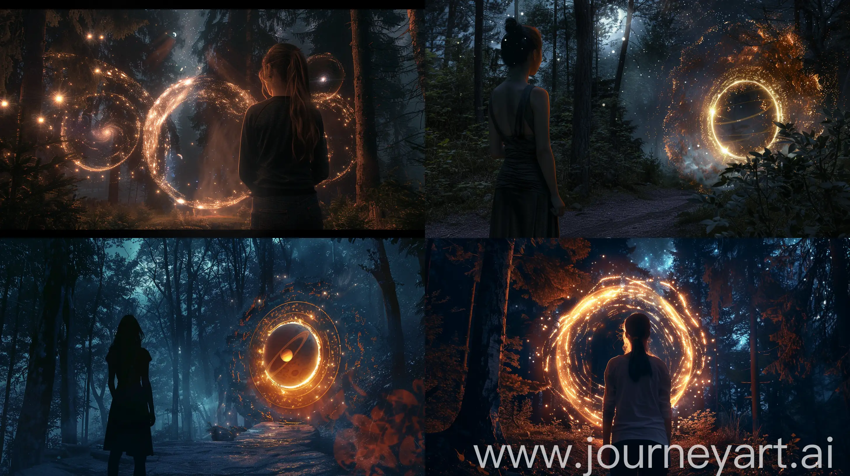 a fantasy realistic photo, a woman standing with her back to the camera, looking at a portal that connects to the solar system, in the forest at night, --ar 16:9