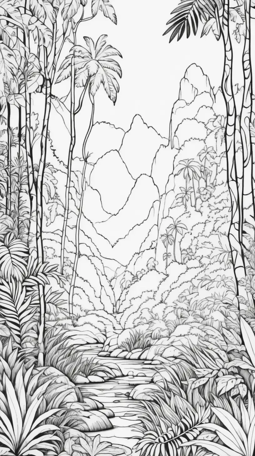 forest landscape, black and white coloring book image, thin black lines, jungle background