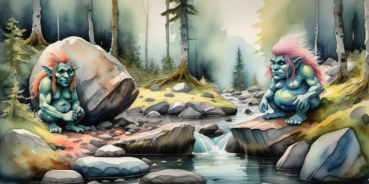 pastel watercolour painting of  two 
 trolls in Norway  in ancient  forest with huge boulders & a stream