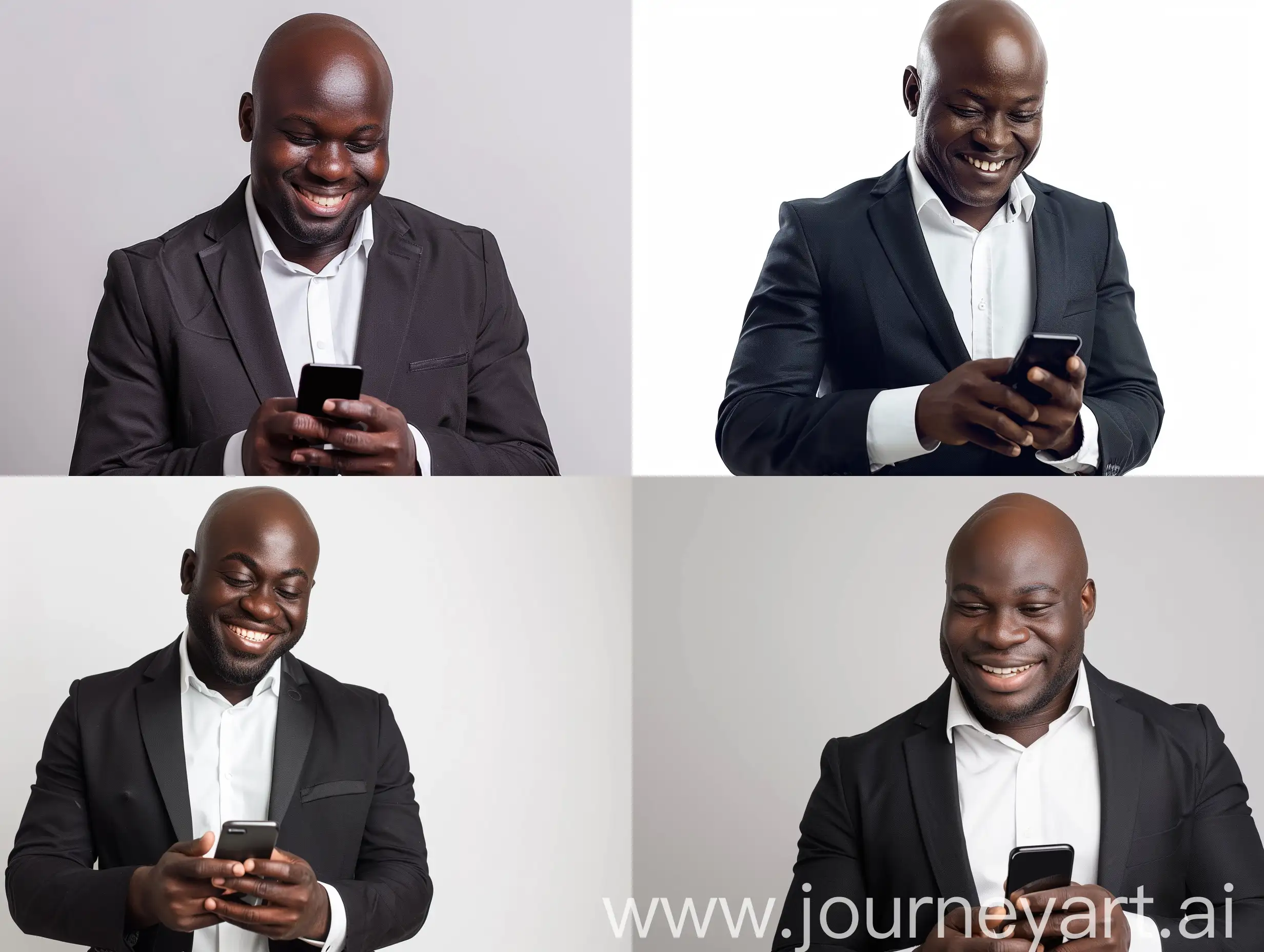Successful-Black-Businessman-in-Formal-Wear-Smiling-at-Mobile-Phone