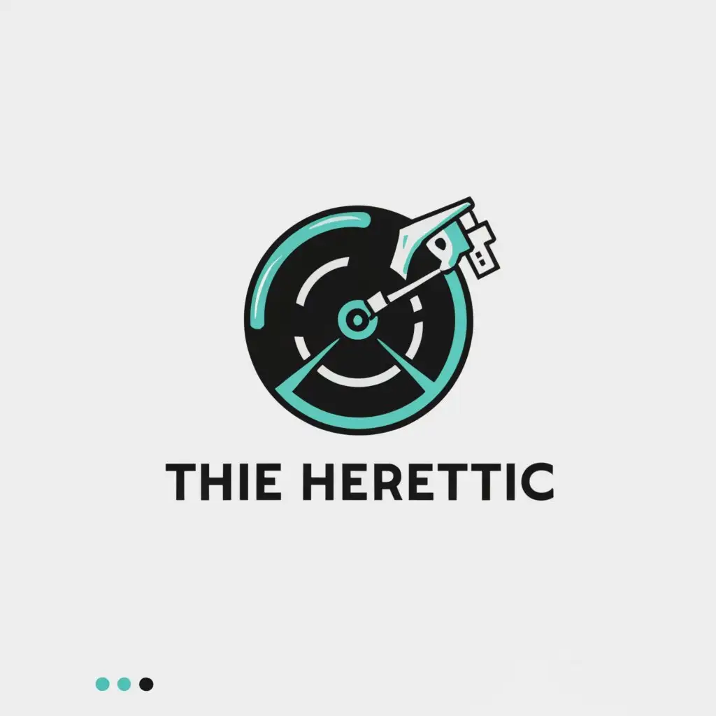a logo design,with the text "The heretic", main symbol:Logo Symbol: turntable,skull
Color : cyan,Minimalistic,be used in Entertainment industry,clear background