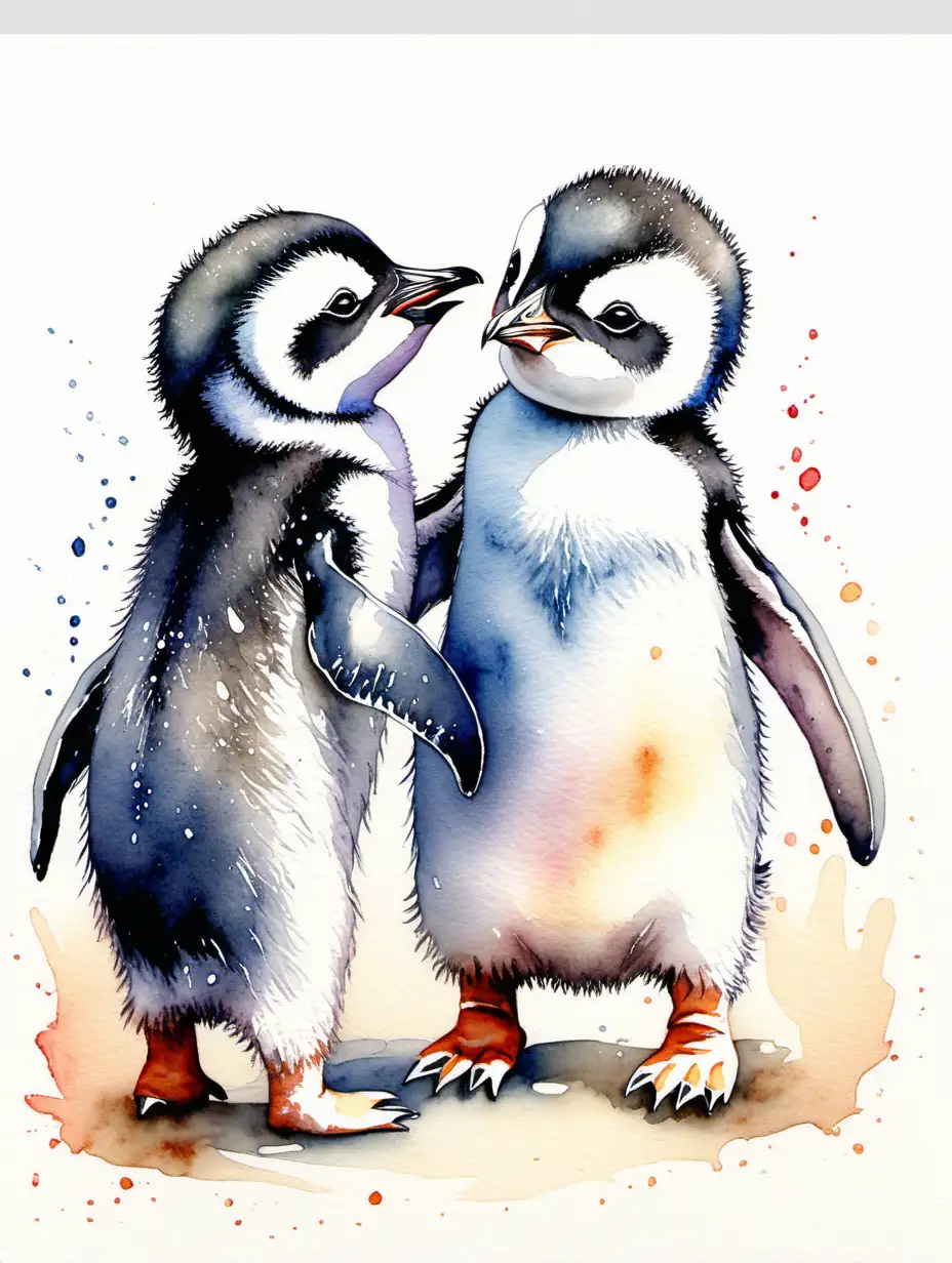 Adorable Penguin Chicks Engage in Playful Watercolor Fun