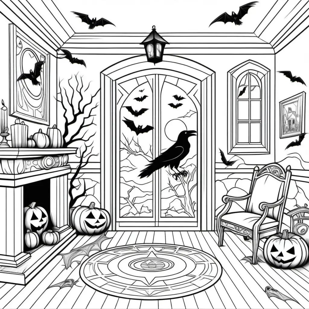 Halloween Raven Coloring Page Spooky Black and White Scene