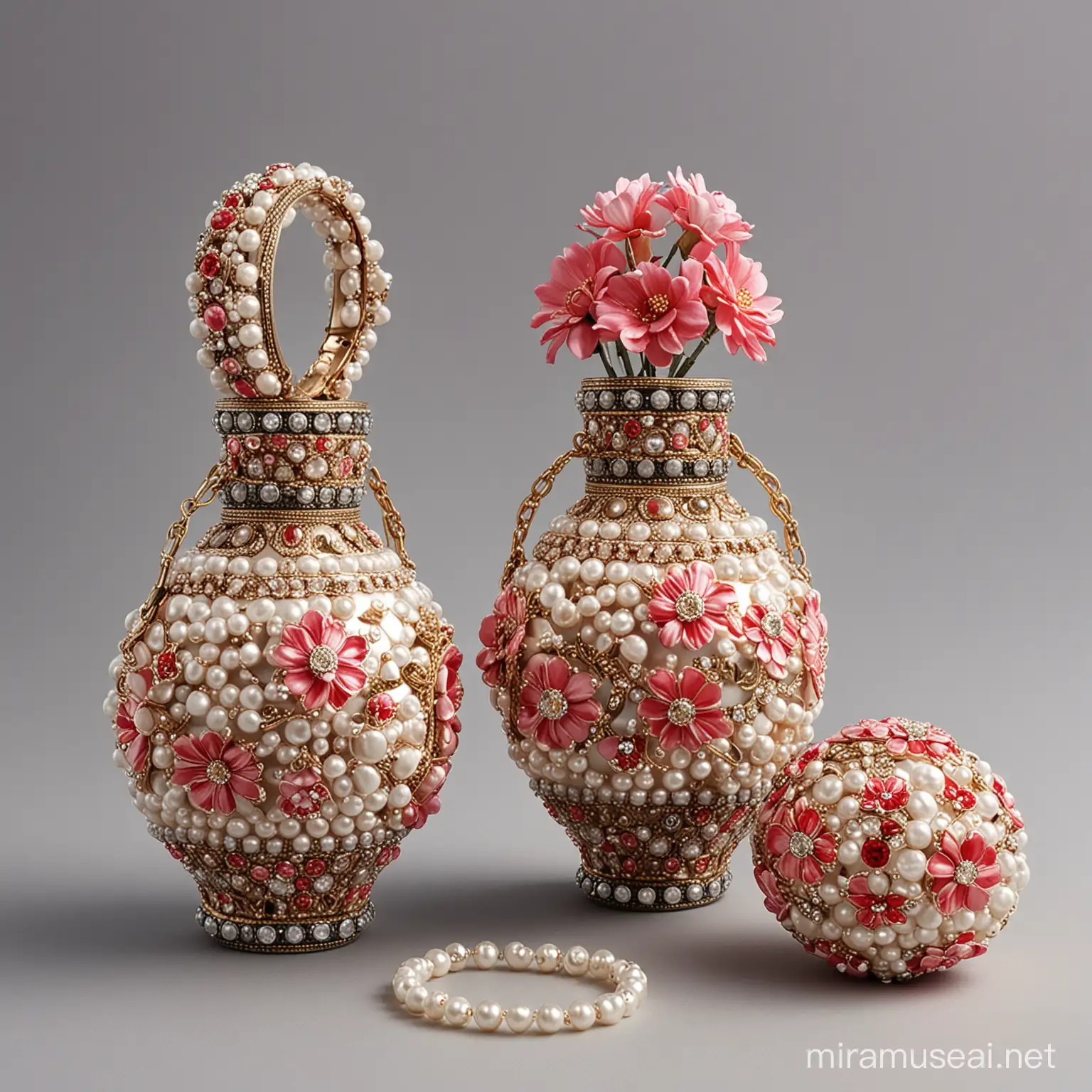 Elegant VaseShaped Bag with Circular Bracelet and Floral Embellishments
