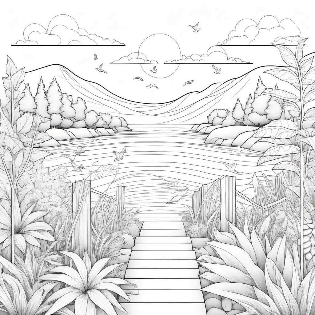 imagine minimalistic adult coloring pages, summer scenes, black and white, no gray scale, clear lines -- ar 9:11