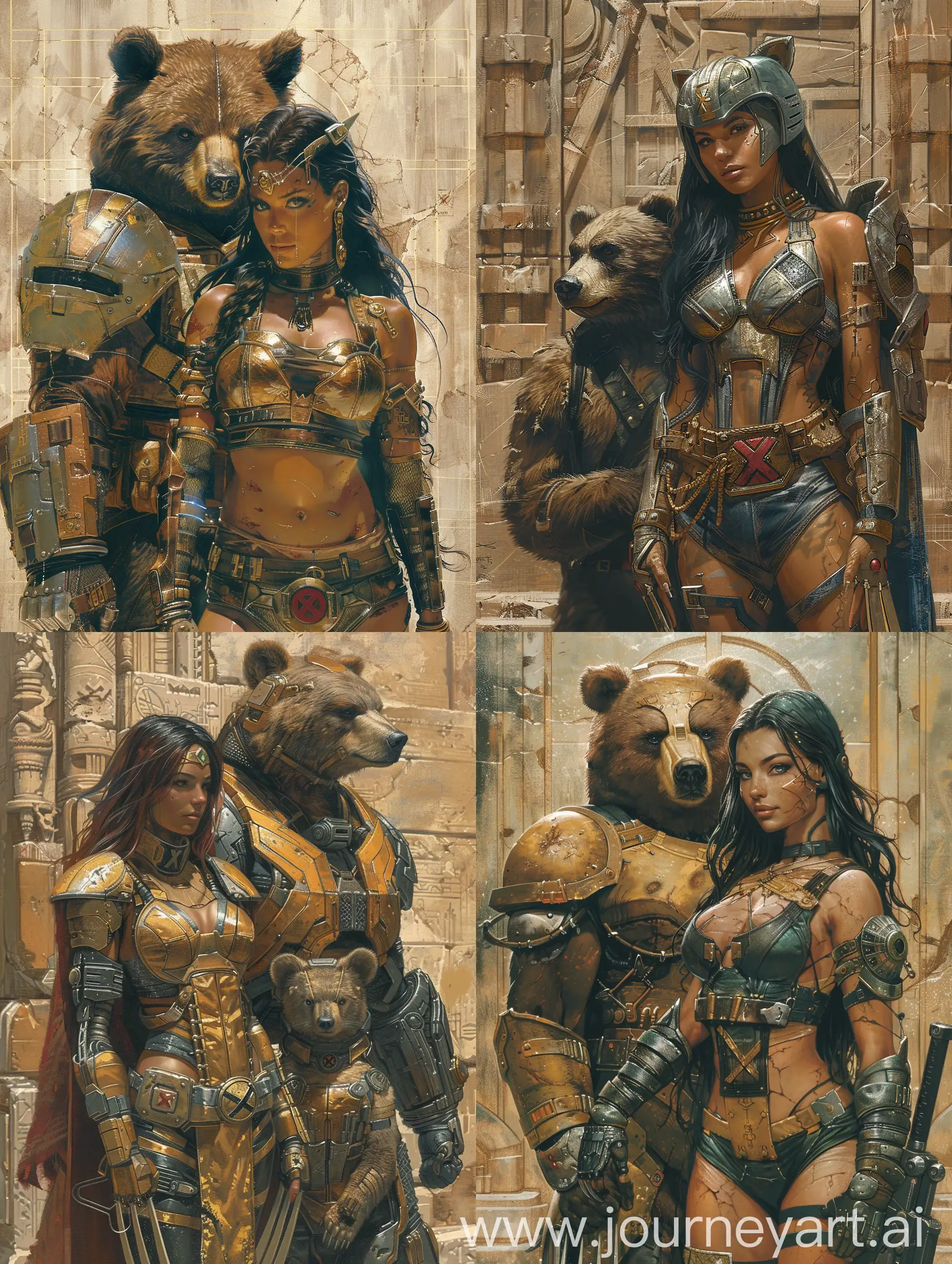 Exquisite-Women-Warrior-Amazon-with-Cyberbear-Bodyguard-in-Intricate-Armor-Jim-Lee-and-Luis-Royo-Style