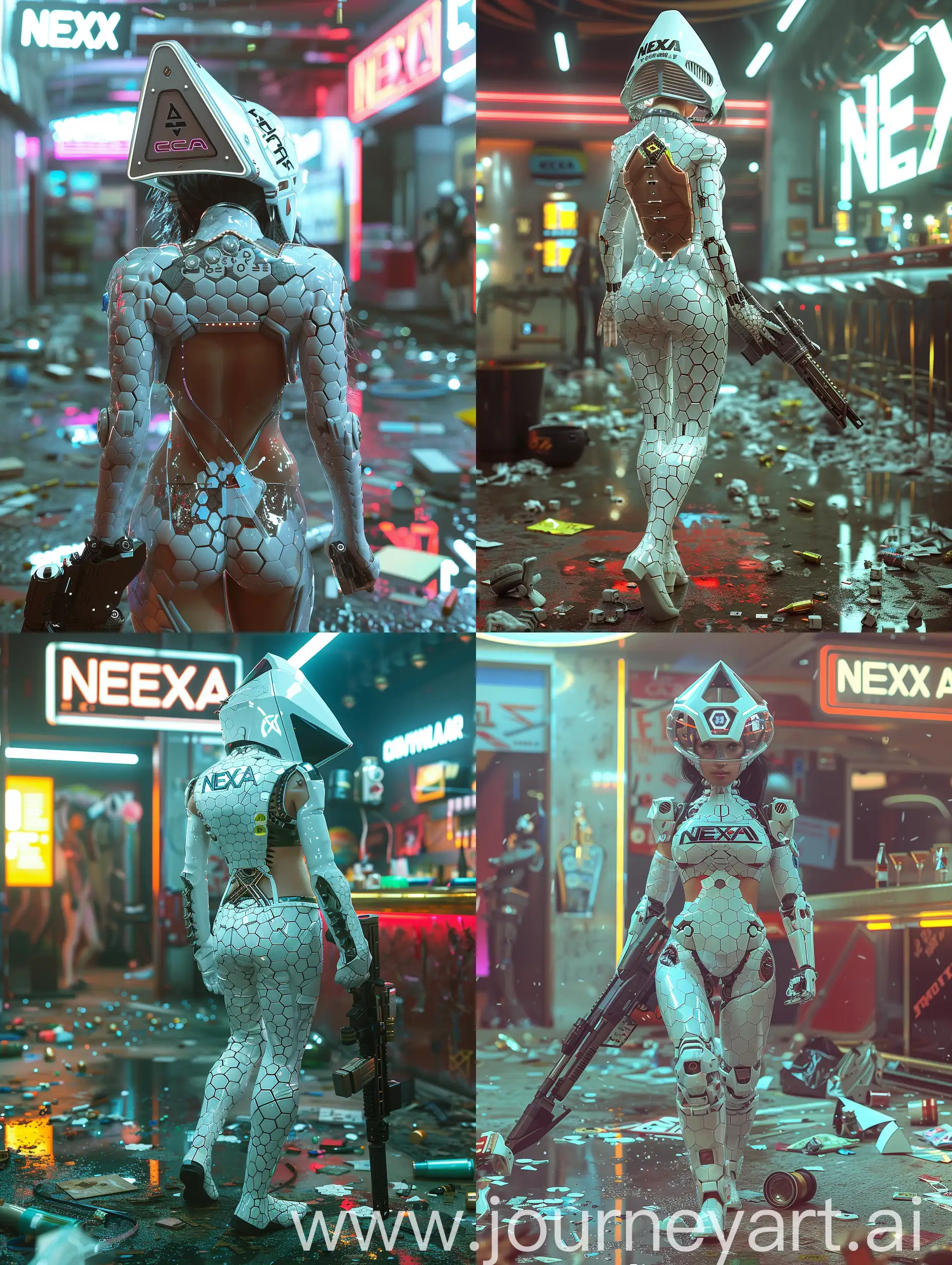 NEXA-Cyberpunk-Bar-Compound-Advanced-Female-Cyborg-with-Hexagonal-Armor-and-Rifle
