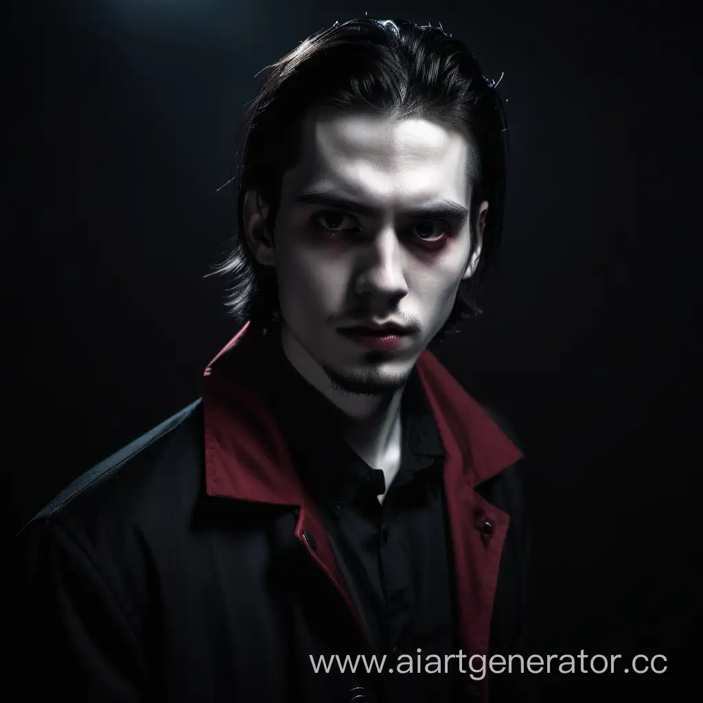 Mysterious-Young-Man-in-Dark-Red-Jacket-against-Black-Background