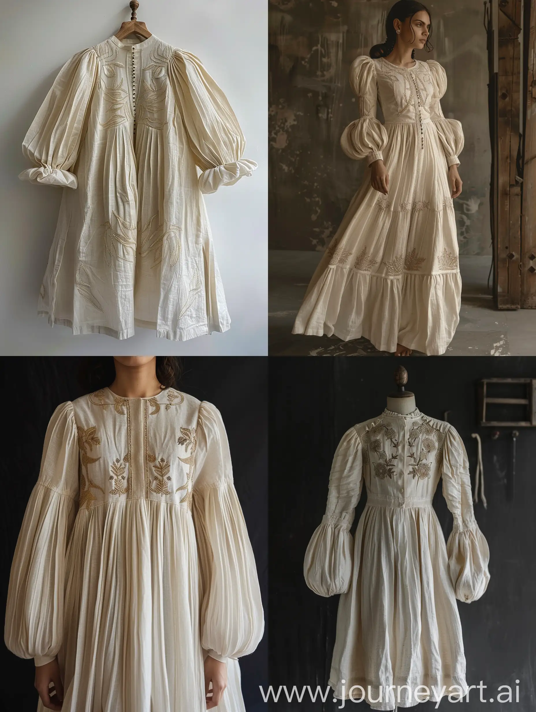 Dress, long dress length, linen material, cream color, handmade embroidery, pleated and puffy sleeves
