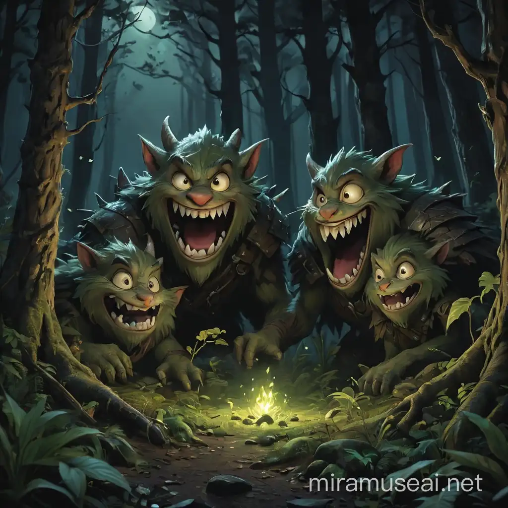 Dungeons and dragons, fantasy, scary smiles behind the trees in a dark forest at night