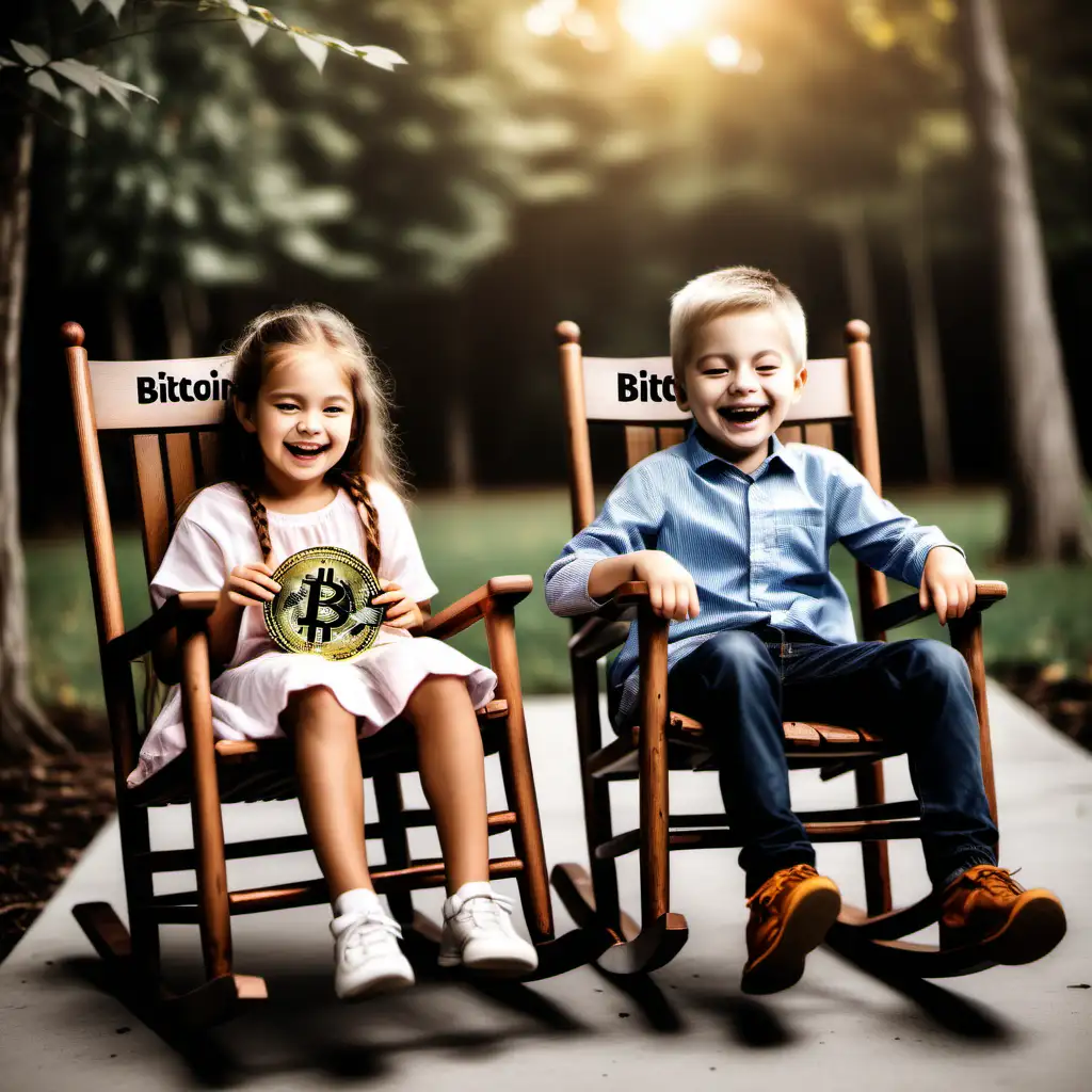 create an image with a young boy and girl sitting on rocking chairs waiting for their retirement with Bitcoin, they are happy