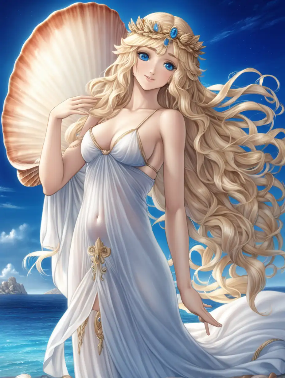 Greek goddess aphrodite, combing her long blond hair on a big shell. She has a white long trasparente gown. She is sexy anime girl and beautiful, sexy breast . Big blue eyes with long eyelashes. Smile