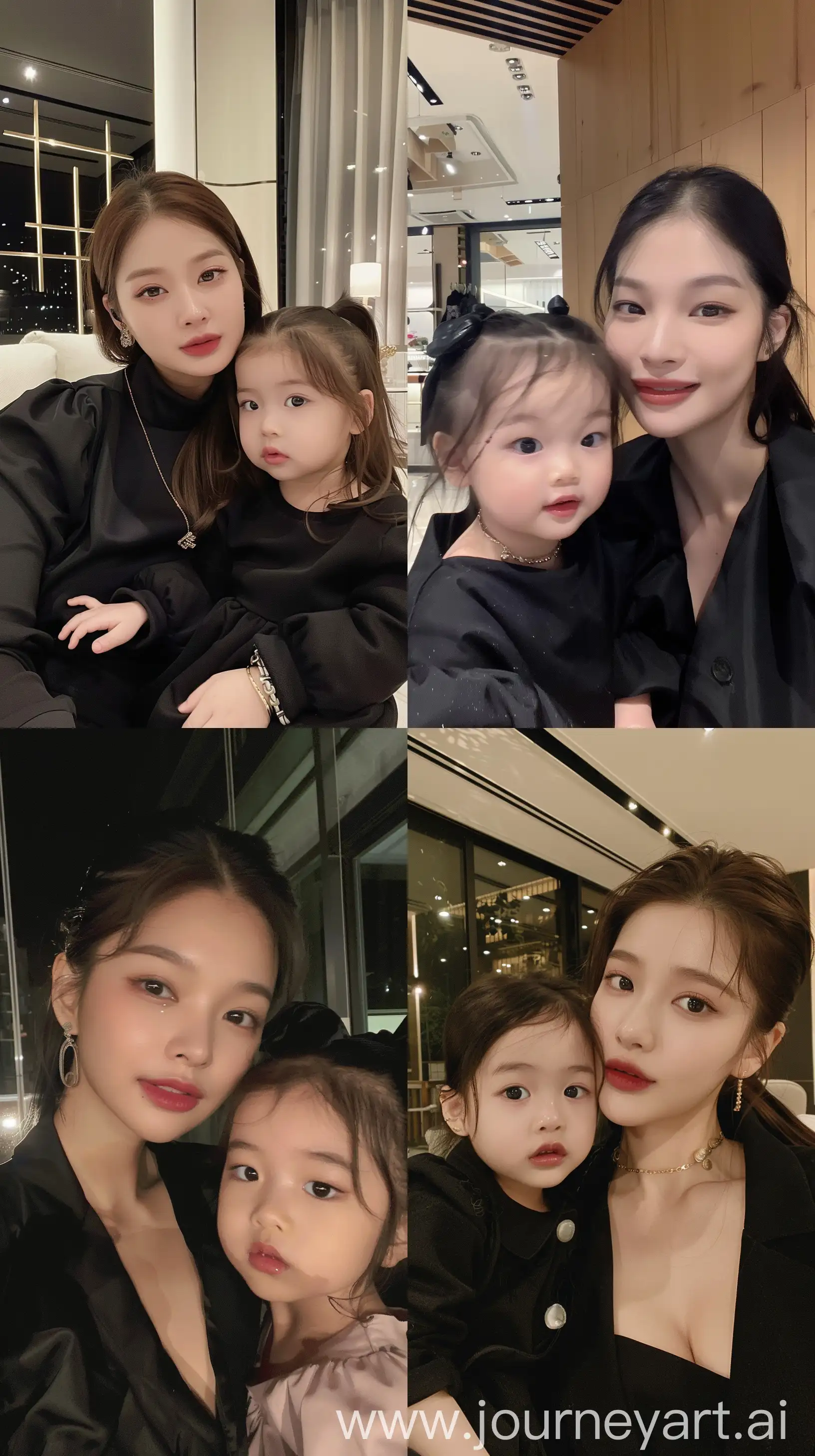 blackpink's jennie selfie with 2 years old  girl, facial feature look a like blackpink's jennie, aestethic selfie, wearing black outfit, night times, aestethic make up,hotly elegant young mom,masterpiece --ar 9:16