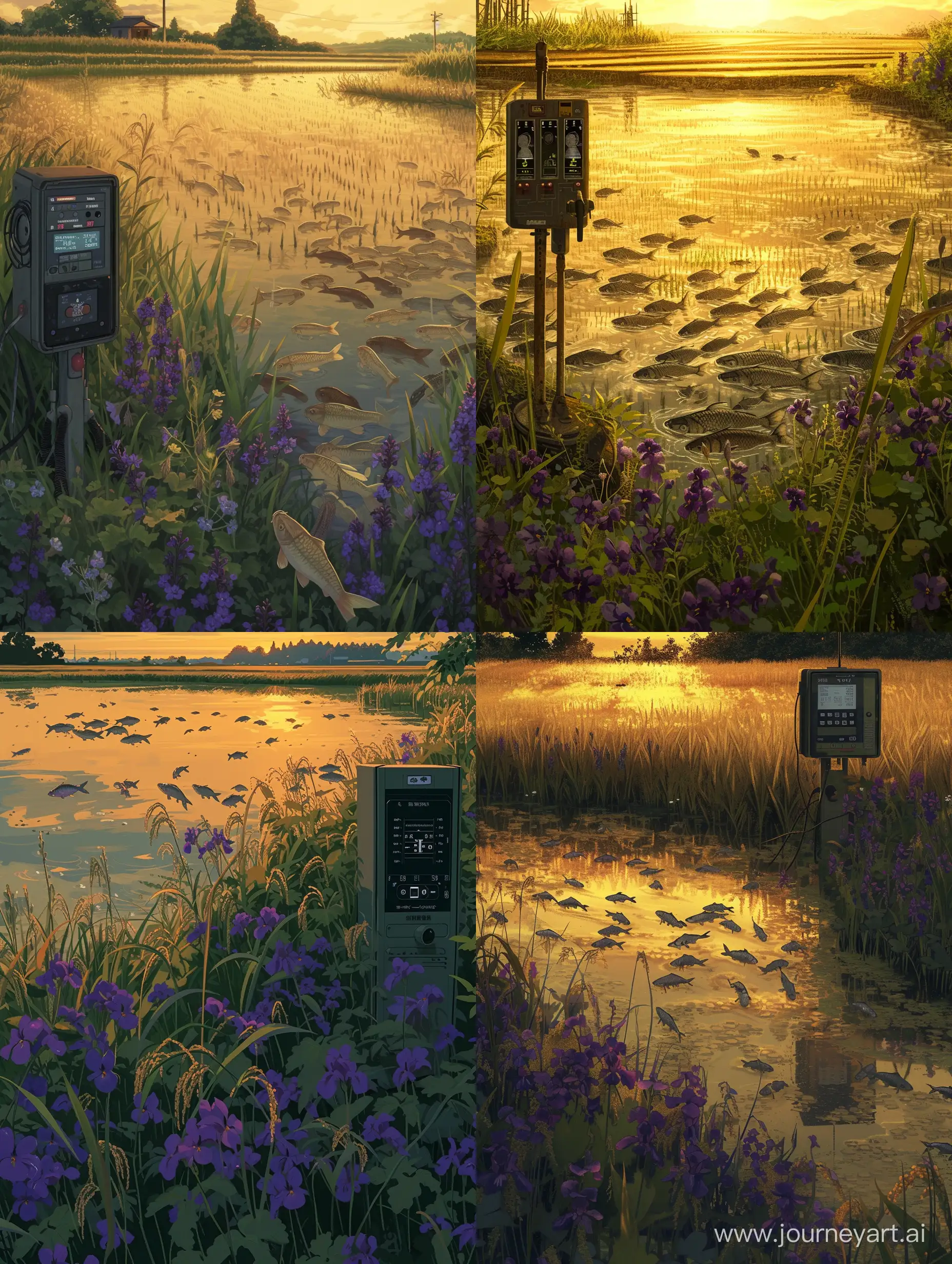 Golden-Rice-Fields-Weather-Station-Tranquil-Scene-with-Carp-and-Flowers