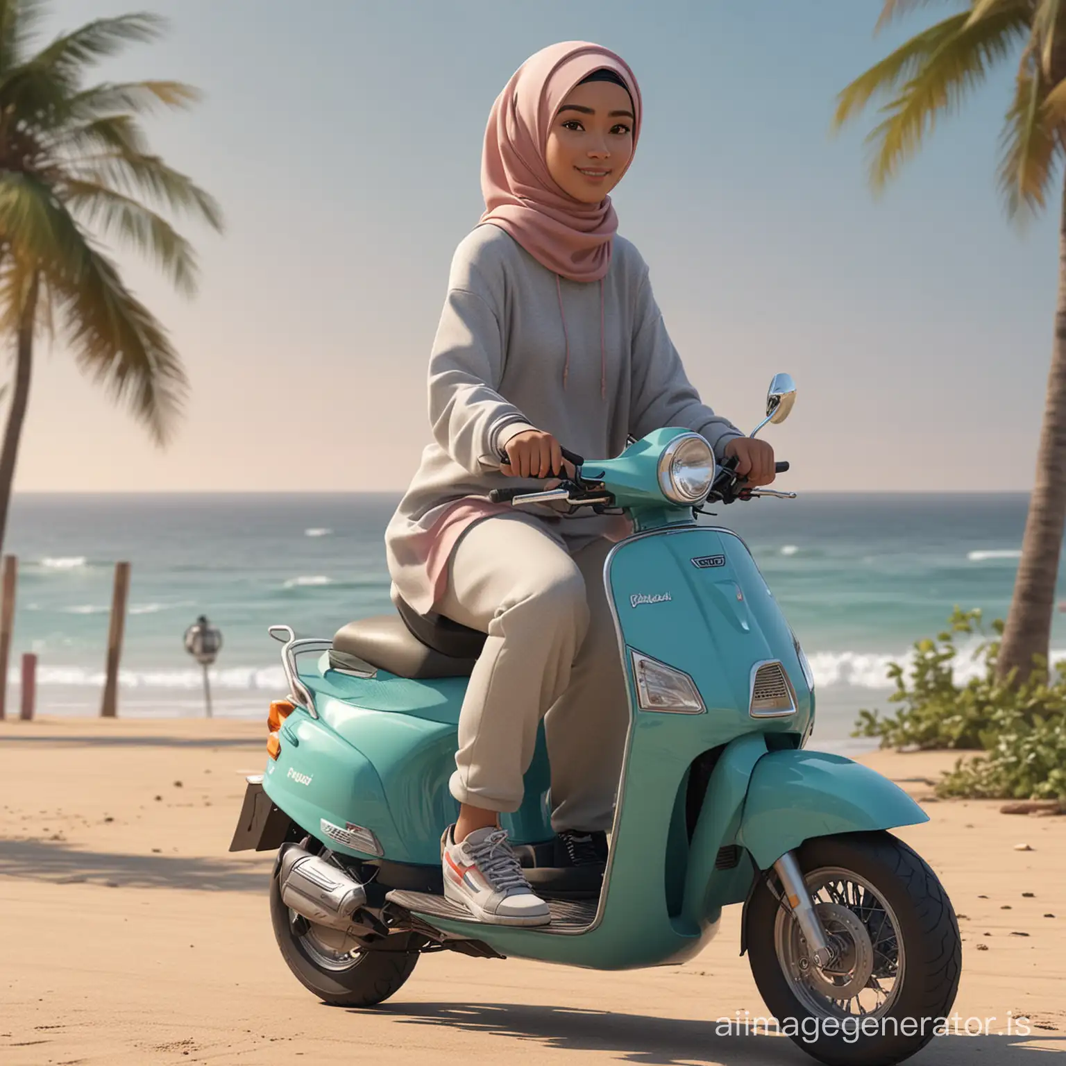 karikatur 4D wanita Indonesia, rambut pendek, menaiki skuter, berboncengan dengan wanita berhijab cantik umur 20 tahun, memakai Hoodie, sepatu kets, suasana pantai Indonesia, realistis, fokus,8K