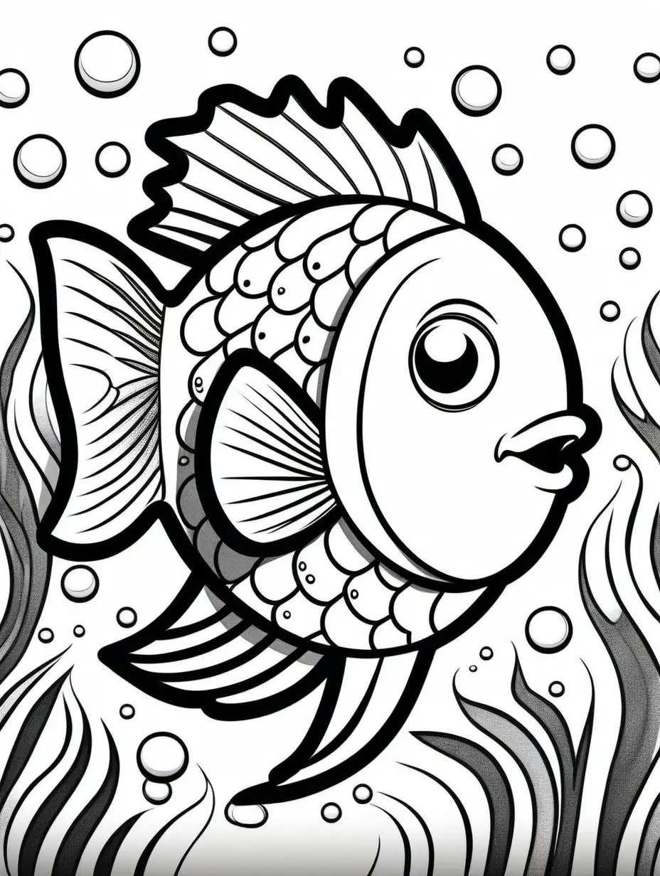 Adorable Fish Drawing Cute Cartoon Style Black and White Illustration for Childrens Coloring Book