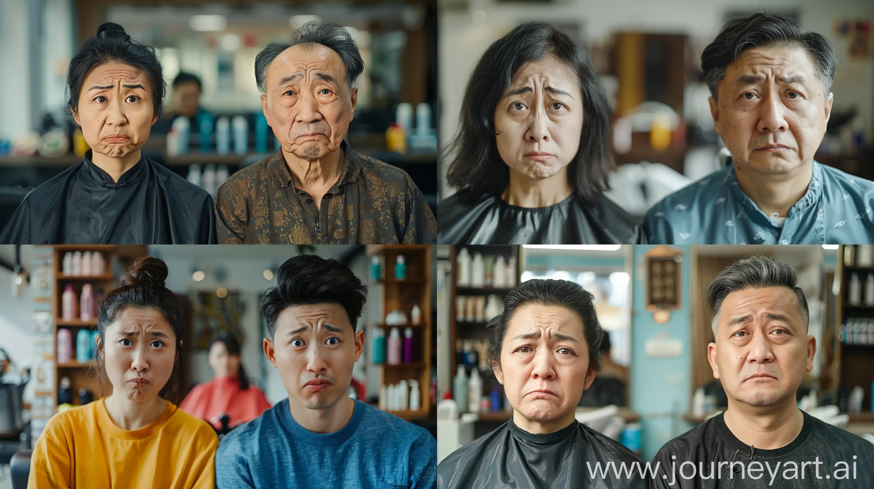 A 28-year-old Chinese woman and a 32-year-old Chinese man, with unhappy expressions. The background is a hair salon, real photos, bright picture --ar 16:9