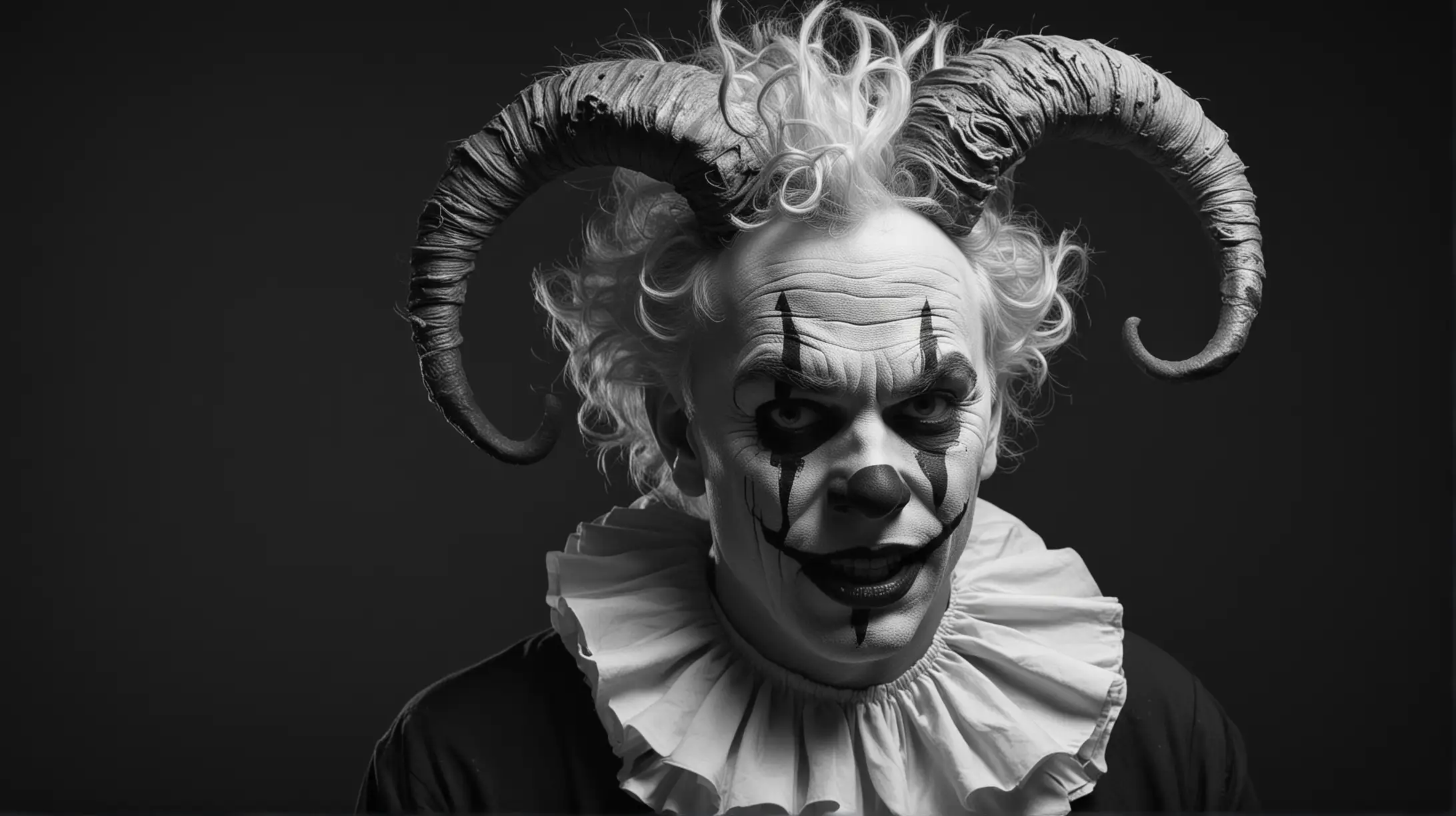 Surreal Portrait of a Depressed Clown with Curly Horns on Black Background