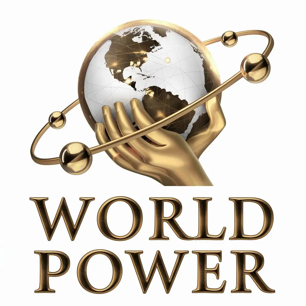 logo, a gold hand clutching a white and gold earth.  The Cold has a Think Ring around it with several orbs orbiting it.  The back round is white the text should be gold, with the text "World Power", typography